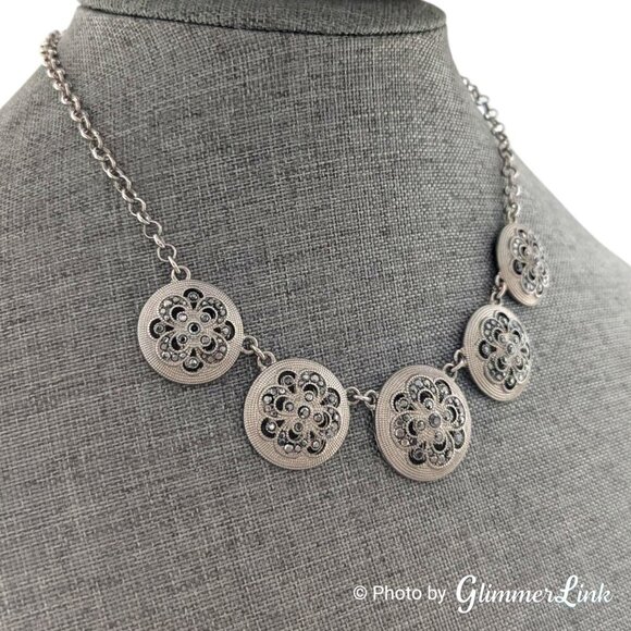 Trifari Floral Ornate Faux Marcasite Circles Silver Tone Necklace - Picture 2 of 13